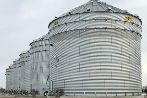 Long view of six Lubbers grain bins
