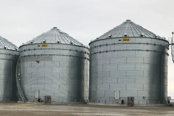 Wide view of five Lubbers grain bins